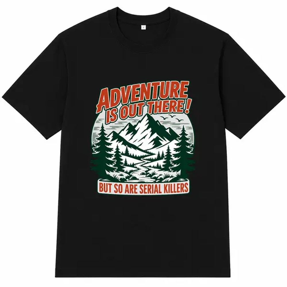 Outdoor Adventure Outfit - Kaos Hitam Bermotif Petualangan Alam, Kaos